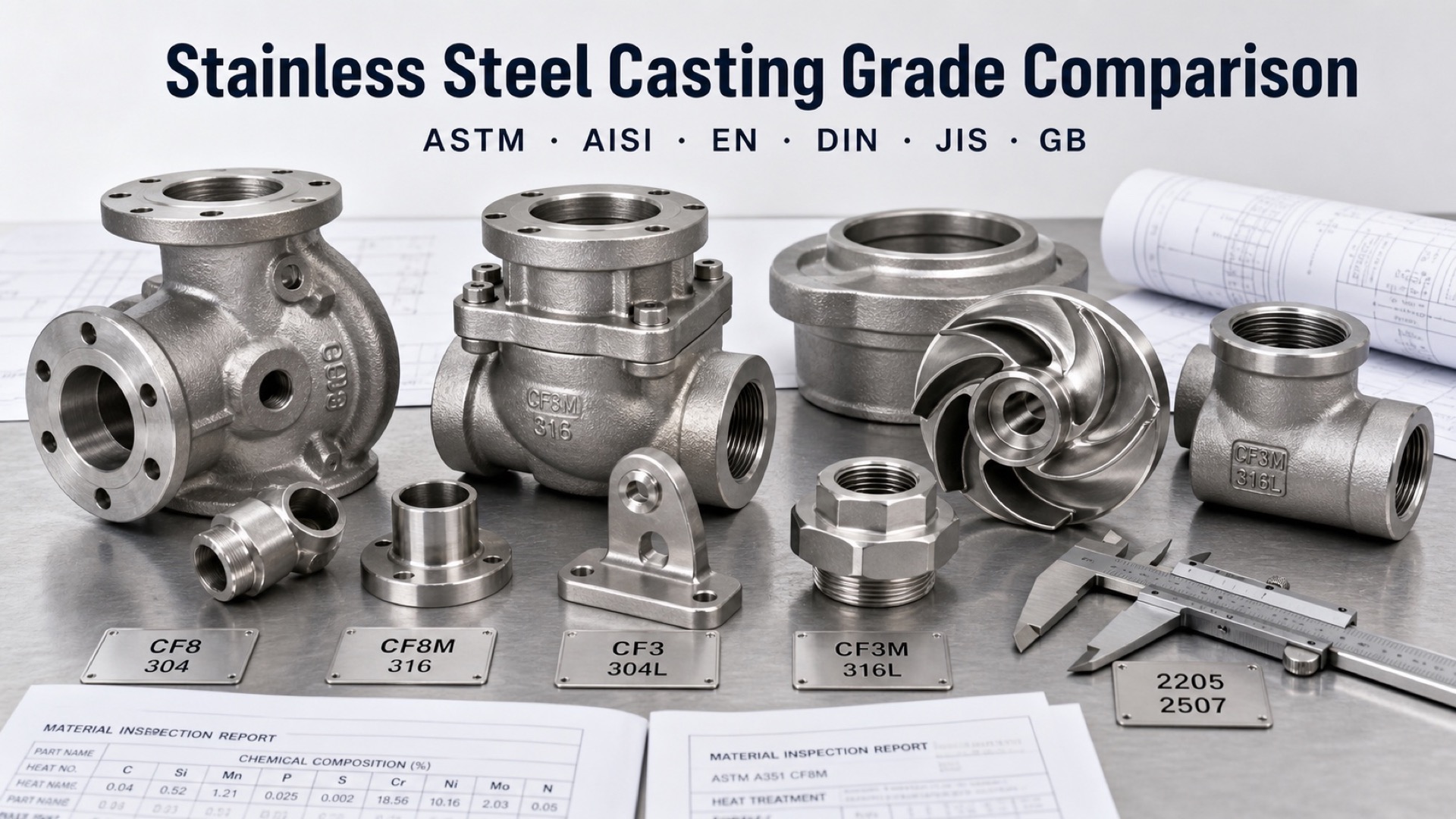 世界のステンレス鋼鋳造グレード比較表：ASTM、AISI、EN、DIN、JIS、および中国GB規格の一覧